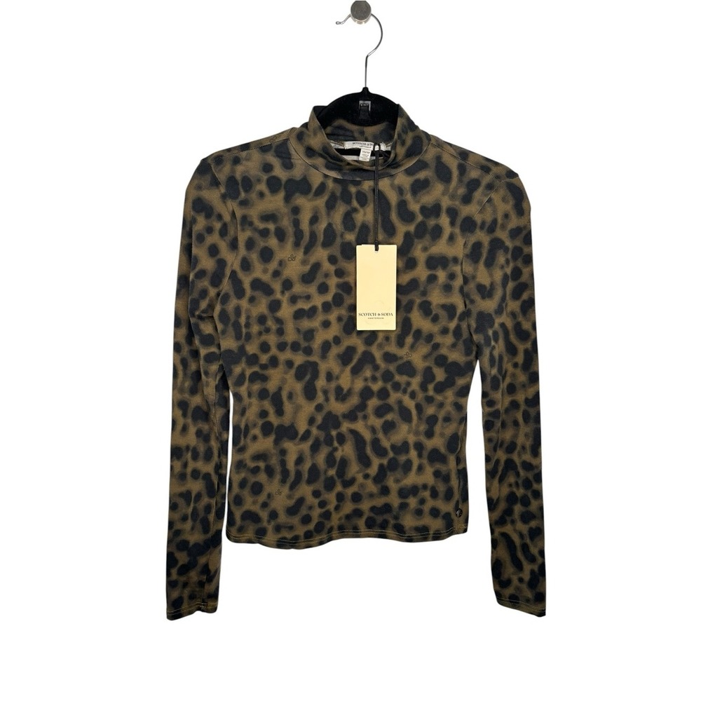 Scotch & Soda Mock Neck Top Women XS Military Olive Animal NWT Leopard Print Tee